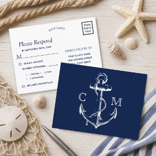 Cartão Postal De Convite Âncora de desenho náutico do marinho RSVP de opç