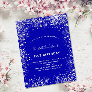 Cartão Postal De Convite Aniversário azul real brilho prateado glamour