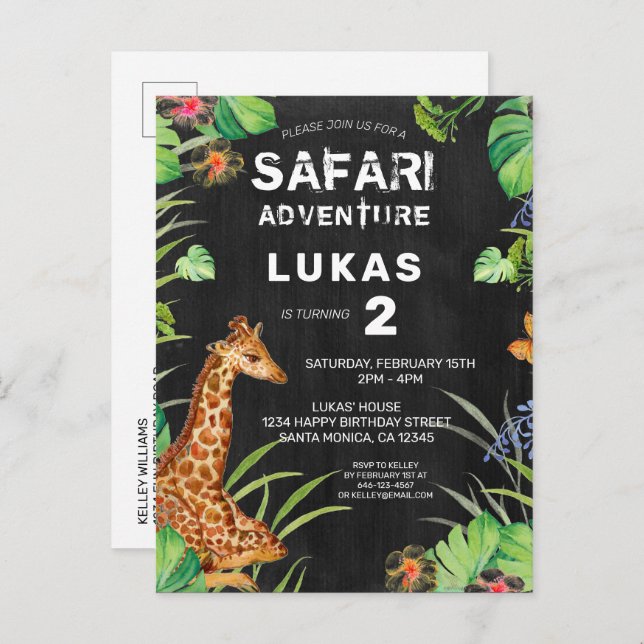 Cartão Postal De Convite Aniversário da Marinha Selva Safari Girafa (Frente/Verso)