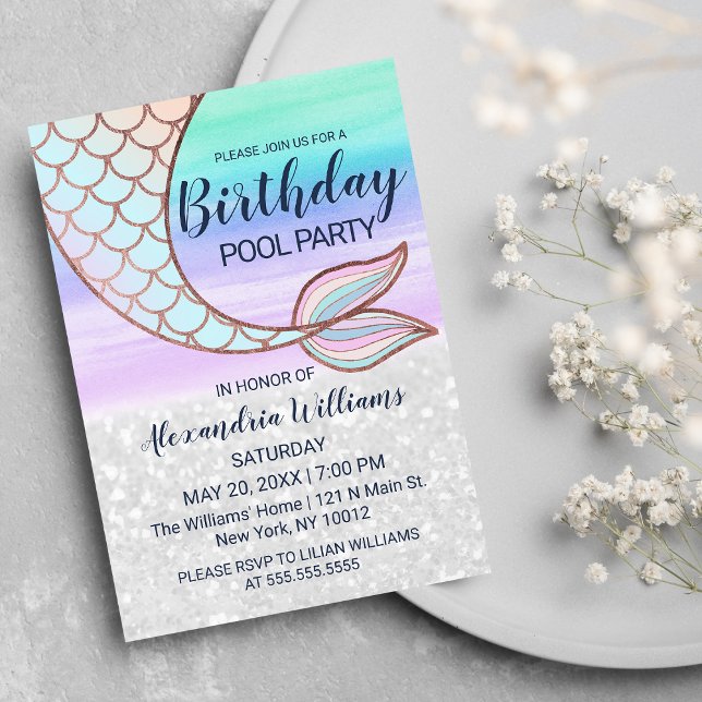 Cartão Postal De Convite Aniversário da Piscina das unhas da Sereia - Glama (Teal Pink Glam Glitter Mermaid Tail Pool Birthday Invitation Postcard )