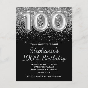 Cartão Postal De Convite Aniversário de 100 anos Sparkly Prata Brilhante Pr