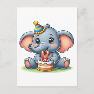 Cartão Postal De Convite Aniversário de 11 anos do Elefante Fofo