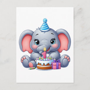 Cartão Postal De Convite Aniversário de 1 ano do Elefante Bebê