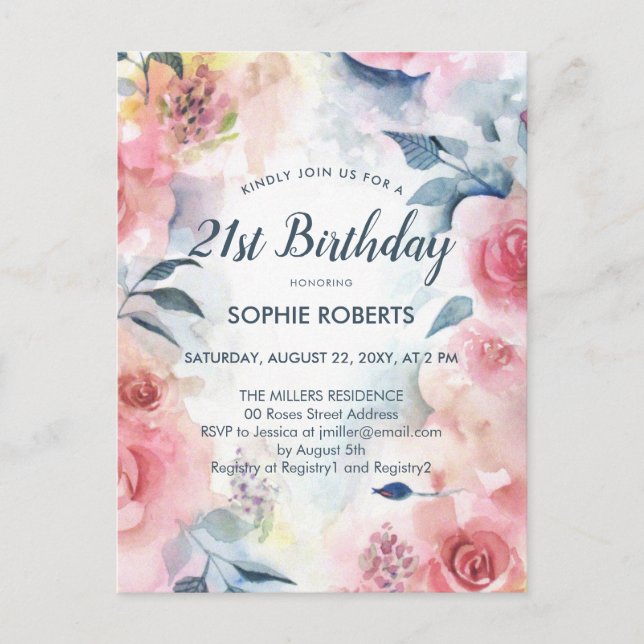 Cartão Postal De Convite Aniversário de 21 anos Floral Romântico Vermelho C (Frente)