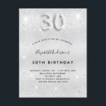 Cartão Postal De Convite aniversário de 30 anos prata glamourosa<br><div class="desc">Um convite moderno, na moda e glamouroso para um aniversário de 30 anos. Um fundo com aparência de prata falsa, decorado com poeira brilhante. Personalize e adicione o seu nome e detalhes da festa. O número 30 é escrito com uma fonte de estilo de balão, script. Fundo: prata, design postal....</div>