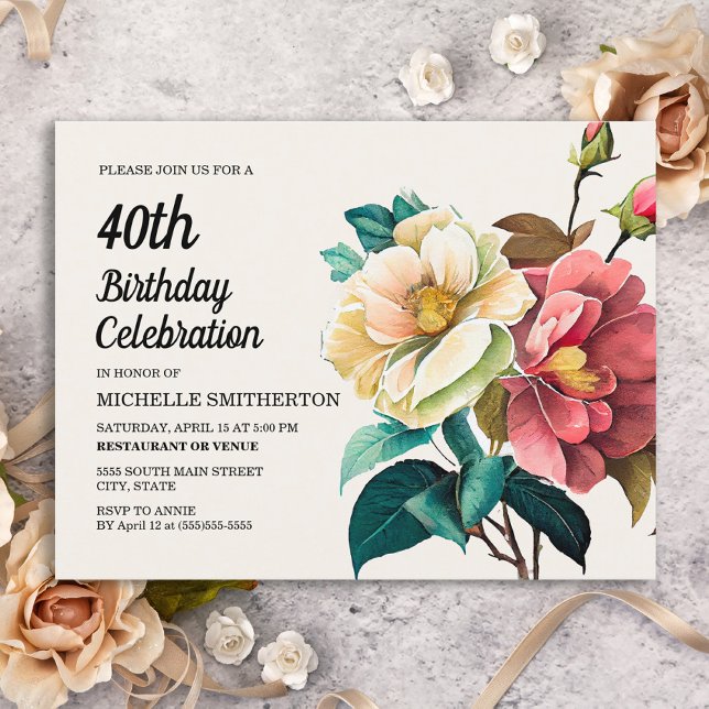 Cartão Postal De Convite Aniversário de 40 anos de mulheres das rosas branc (Criador carregado)
