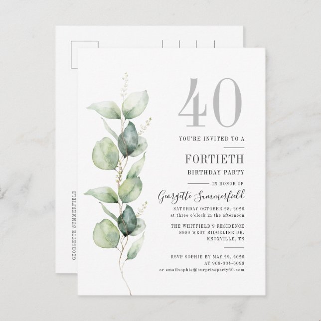 Cartão Postal De Convite aniversário de 40 anos Eucalyptus Botanic Party (Frente/Verso)