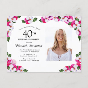 Cartão Postal De Convite Aniversário de 40 anos Floral Branco Rosa