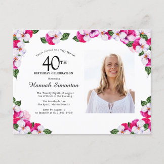 Cartão Postal De Convite Aniversário de 40 anos Floral Branco Rosa