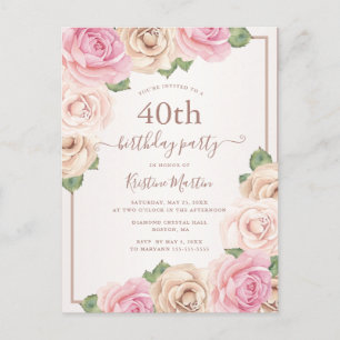 Cartão Postal De Convite Aniversário de 40 anos FLORAL Elegante Rosa Dourad