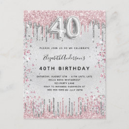Cartão Postal De Convite aniversário de 40 anos prateado, poeira de metal r