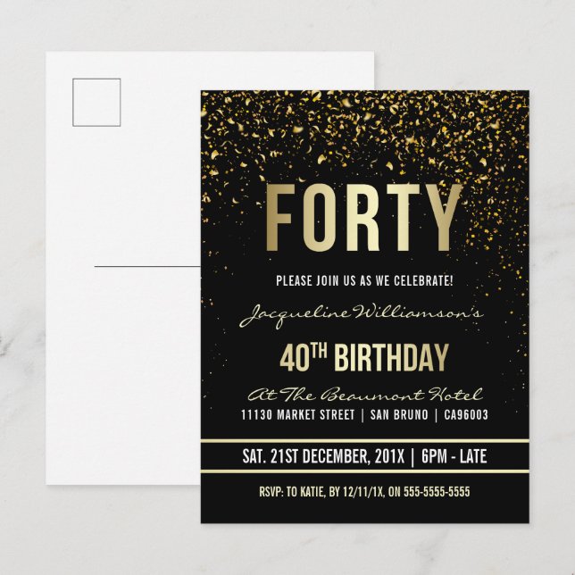 Cartão Postal De Convite aniversário de 40 anos | Shimmering Dourado Confet (Frente/Verso)
