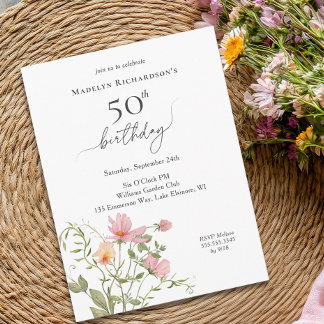 Cartão Postal De Convite Aniversário de 50 anos feminino aquarela flor silv