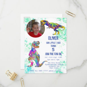 Cartão Postal De Convite Aniversário de 5 anos do Dinossauro T Rex Meninos