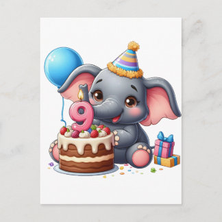 Cartão Postal De Convite Aniversário de 9 anos do Elefante Fofo