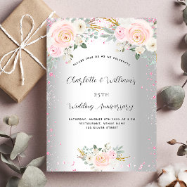 Cartão Postal De Convite Aniversário de casamento de 25 anos floral rosa pr