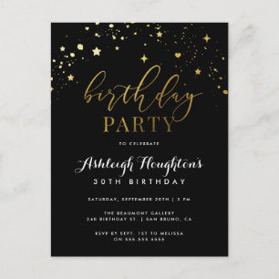 Cartão Postal De Convite Aniversário de Confetti em Estrela Negra e Dourada