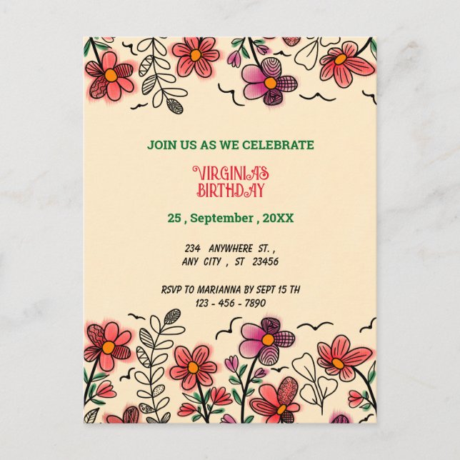 Cartão Postal De Convite ANIVERSÁRIO DE FLORES DE DOIS VERMELHOS primavera  (Frente)