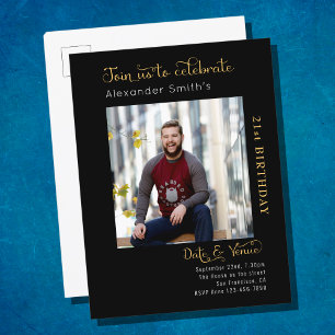 Cartão Postal De Convite Aniversário de Foto Dourada Preta a Qualquer Ano