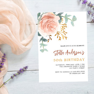 Cartão Postal De Convite aniversário de guião floral rosa dourado