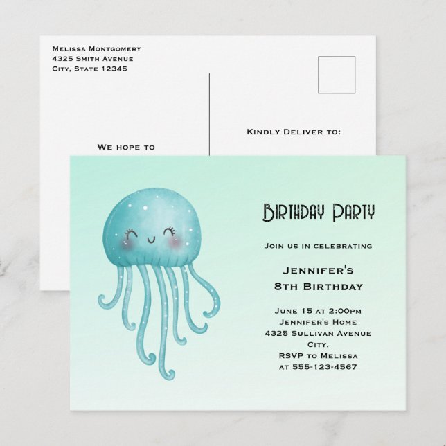 Cartão Postal De Convite Aniversário de medusa azul-verde e doce (Frente/Verso)