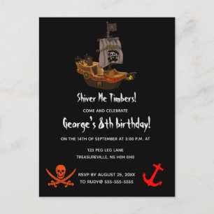 Cartão Postal De Convite Aniversário de Pirata Editável