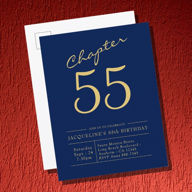 Cartão Postal De Convite Aniversário de Qualquer Ano de Script Dourado Azul (Criador carregado)