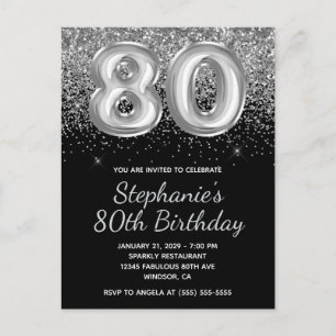 Cartão Postal De Convite Aniversário do 80 de Balão Preto Glitter Silver Es