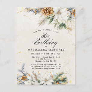 Cartão Postal De Convite Aniversário do 80 de inverno White Floral Greenery