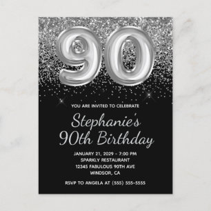 Cartão Postal De Convite Aniversário do 90 de Balão Preto Glitter Silver Es