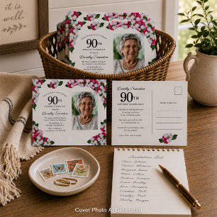 Cartão Postal De Convite Aniversário do 90 Floral Branco Rosa