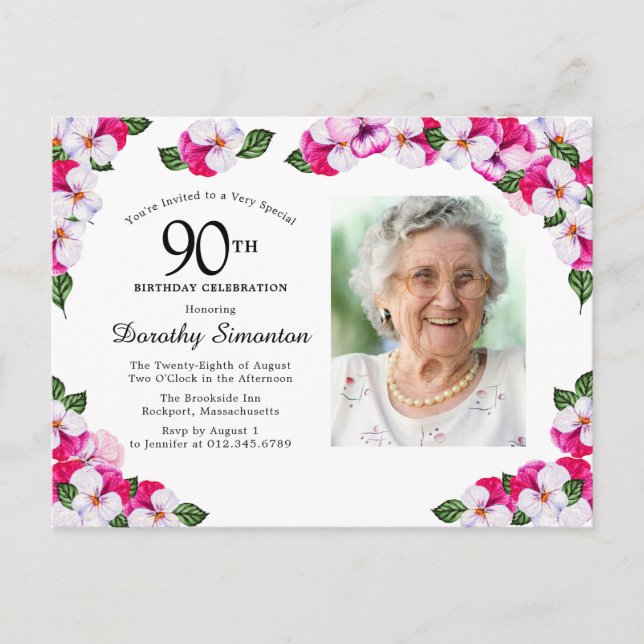 Cartão Postal De Convite Aniversário do 90 Floral Branco Rosa (Frente)