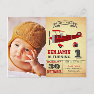 Cartão Postal De Convite Aniversário do Avião Retro Vermelho Vintage