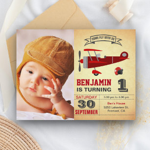 Cartão Postal De Convite Aniversário do Avião Vermelho Vintage Retro