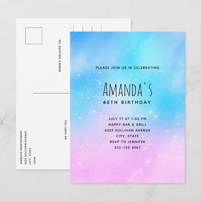 Cartão Postal De Convite Aniversário do céu gradiente de Pastel rosa e azul (Frente/Verso)