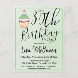 Cartão Postal De Convite Aniversário do Cupcake de Aquarela Verde 30