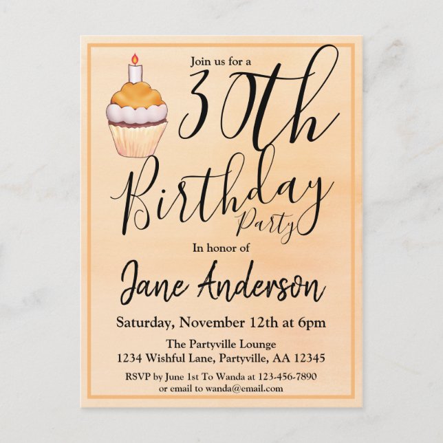 Cartão Postal De Convite Aniversário do Cupcake Laranja 30 (Frente)