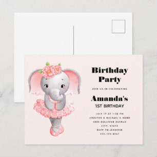 Cartão Postal De Convite Aniversário do Elefante Ballerina Rosa e Cinza