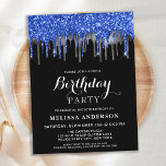 Cartão Postal De Convite Aniversário do Elegante Blue Silver Black Glitter<br><div class="desc">Convide amigos e família para a sua festa de aniversário com estes convites de aniversário elegantes, azuis, prateados e pretos, de brilho, e suprimentos de festas. Estes convites de aniversário azuis e negros também são perfeitos para aposentadoria e festas de formatura e comemorações, basta mudar o evento na guia personalização....</div>