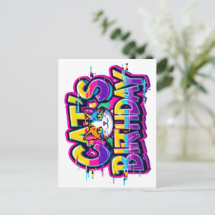 Cartão Postal De Convite Aniversário do Gato Chuva de Cores com Efeito Glit