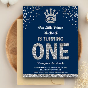 Cartão Postal De Convite Aniversário do Primeiro Príncipe Real Azul Marinho