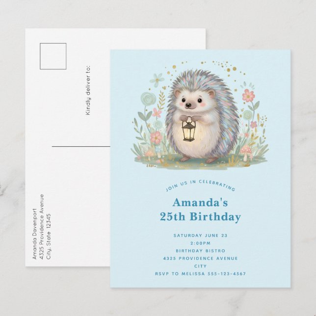 Cartão Postal De Convite Aniversário doouriço-fofo-com-lanterna (Frente/Verso)