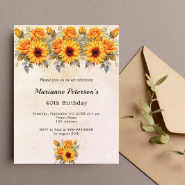 Cartão Postal De Convite Aniversário dos girassóis verde-amarelo-rústico