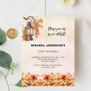 Cartão Postal De Convite Aniversário outono floral cor de laranja