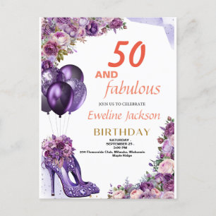 Cartão Postal De Convite Aniversário Púrpura de Kawaii Cute