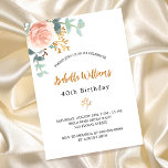 Cartão Postal De Convite Aniversário rosa de ouro floral eucalipto verde<br><div class="desc">Um convite elegante para uma festa de aniversário de 40 anos (ou qualquer idade). Um fundo branco chic. Decorados com ouro rosa e rosa cor-de-rosa-esbranquiçada, folhas de eucalipto florais, verdes, galhos, verde-verde e um cinzeiro dourado falso. Personalize e o nome e os detalhes da festa. Letras pretas e ouros. O...</div>