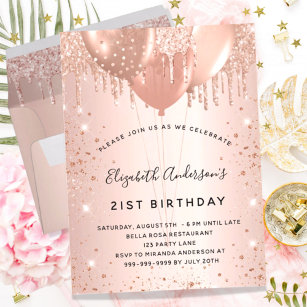 Cartão Postal De Convite Aniversário, rosa dourado, dá gotas nos balões