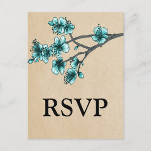 Cartão Postal De Convite Aqua Vintage Cherry Blossoms RSVP Postcard