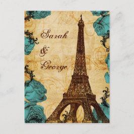 Cartão Postal De Convite aqua vintage eiffel torre Paris nupa