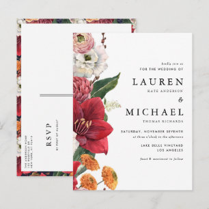 Cartão Postal De Convite Aquarela Amaryllis Vermelha e Floral de Outono Cas